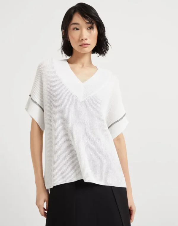 Cotton English rib knit T-shirt with precious trims