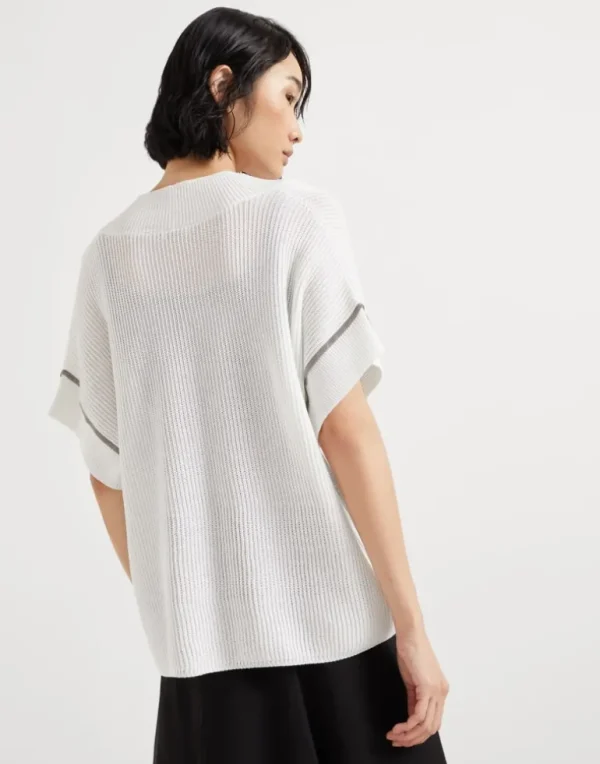 Cotton English rib knit T-shirt with precious trims