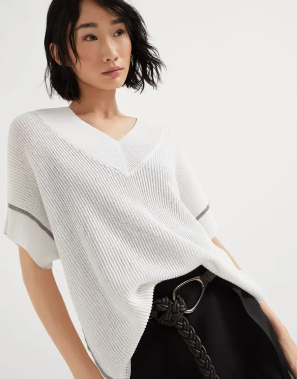 Cotton English rib knit T-shirt with precious trims