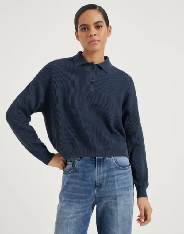 Cotton English rib polo-style sweater with monili