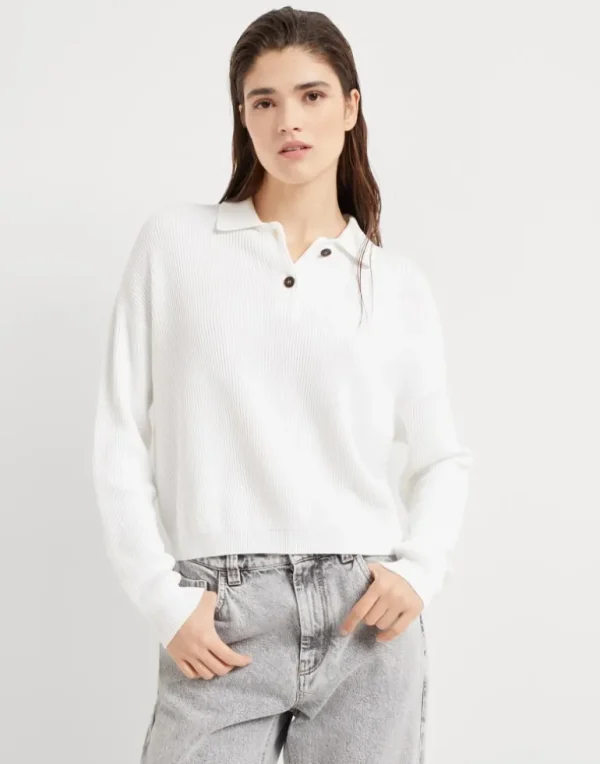 Cotton English rib polo-style sweater with monili