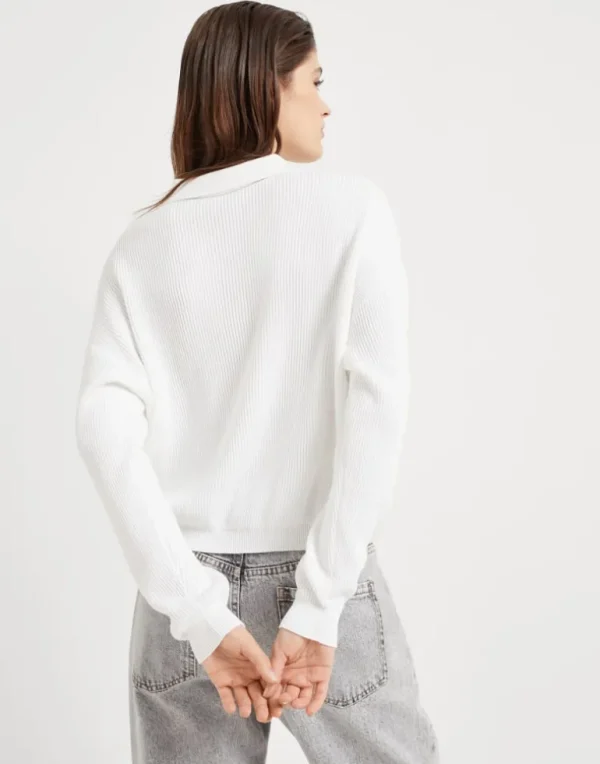 Cotton English rib polo-style sweater with monili