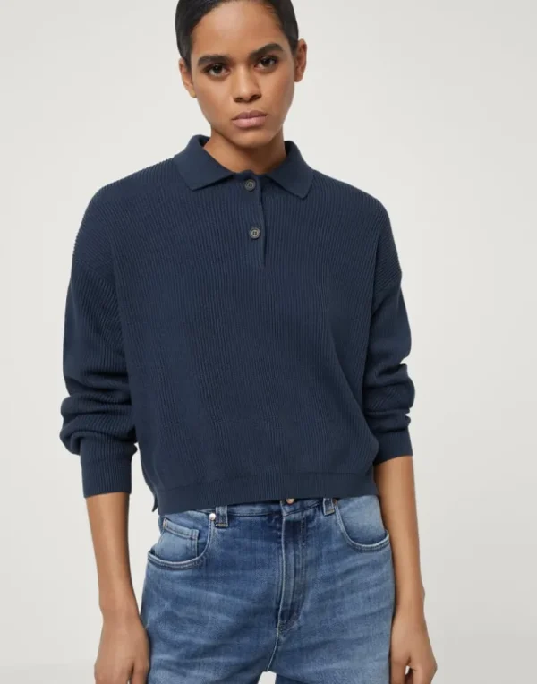 Cotton English rib polo-style sweater with monili