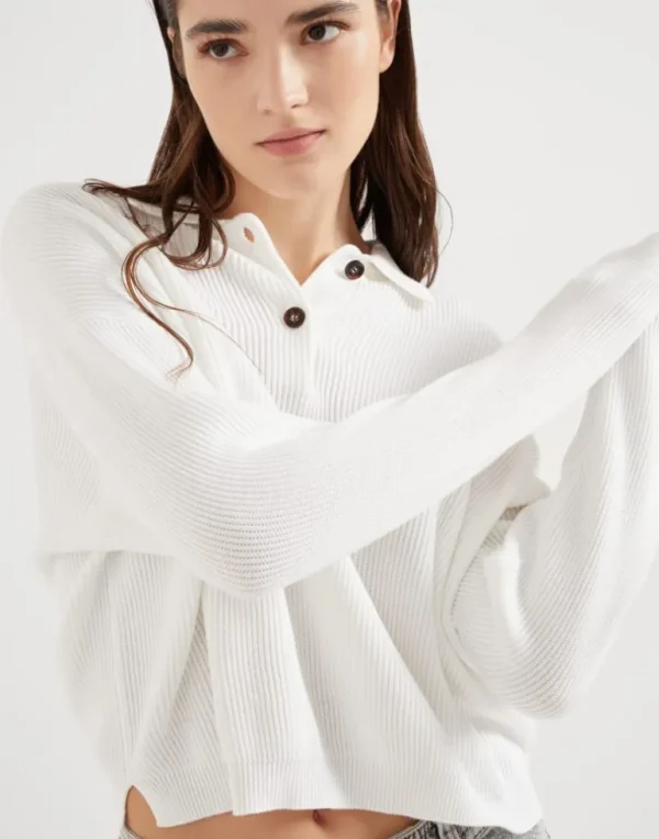 Cotton English rib polo-style sweater with monili