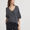 Cotton English rib short sleeve sweater with shiny neckline