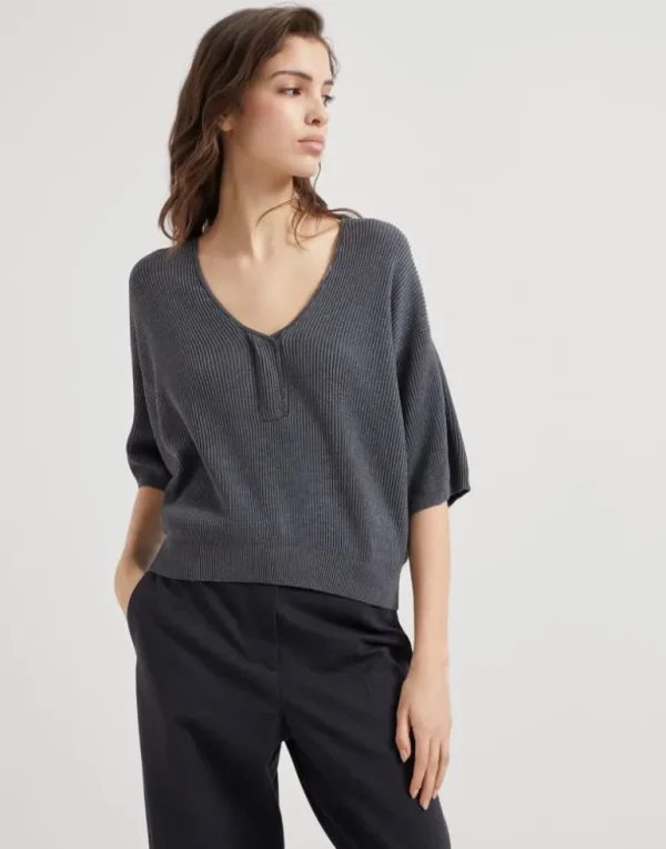 Cotton English rib short sleeve sweater with shiny neckline