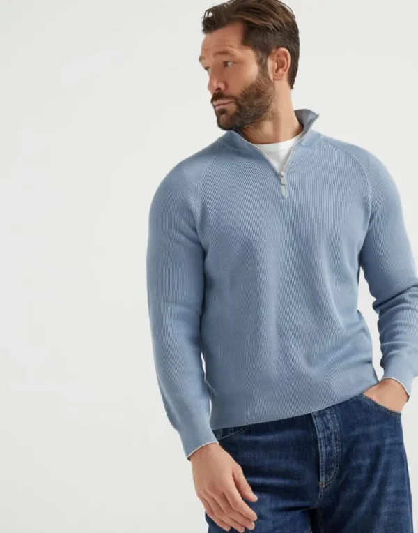 Cotton English rib sweater with half zip and raglan sleeves