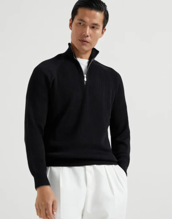 Cotton English rib sweater with half zip and raglan sleeves