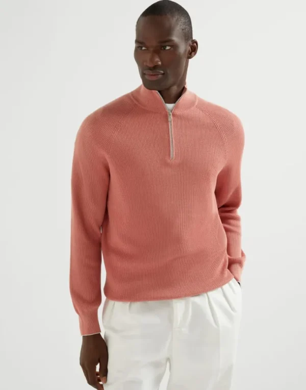 Cotton English rib sweater with half zip and raglan sleeves