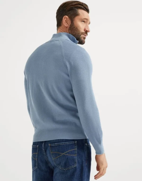 Cotton English rib sweater with half zip and raglan sleeves