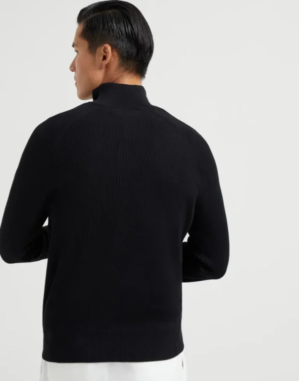 Cotton English rib sweater with half zip and raglan sleeves