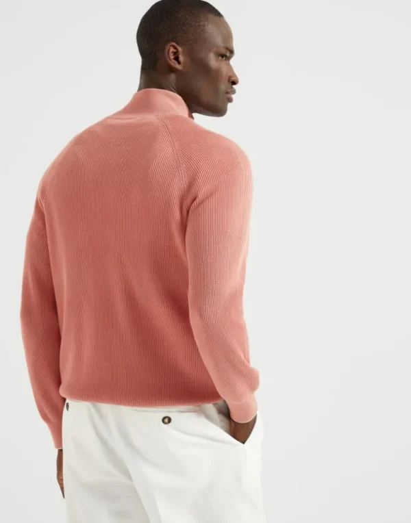 Cotton English rib sweater with half zip and raglan sleeves