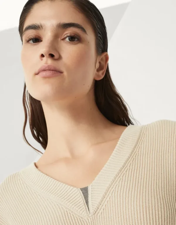 Cotton English rib sweater with shiny detail