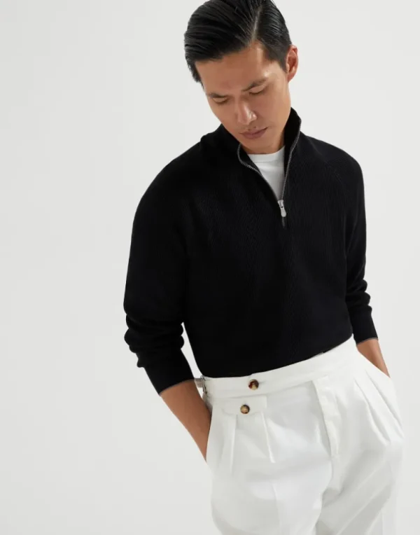 Cotton English rib sweater with half zip and raglan sleeves