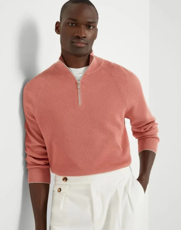 Cotton English rib sweater with half zip and raglan sleeves