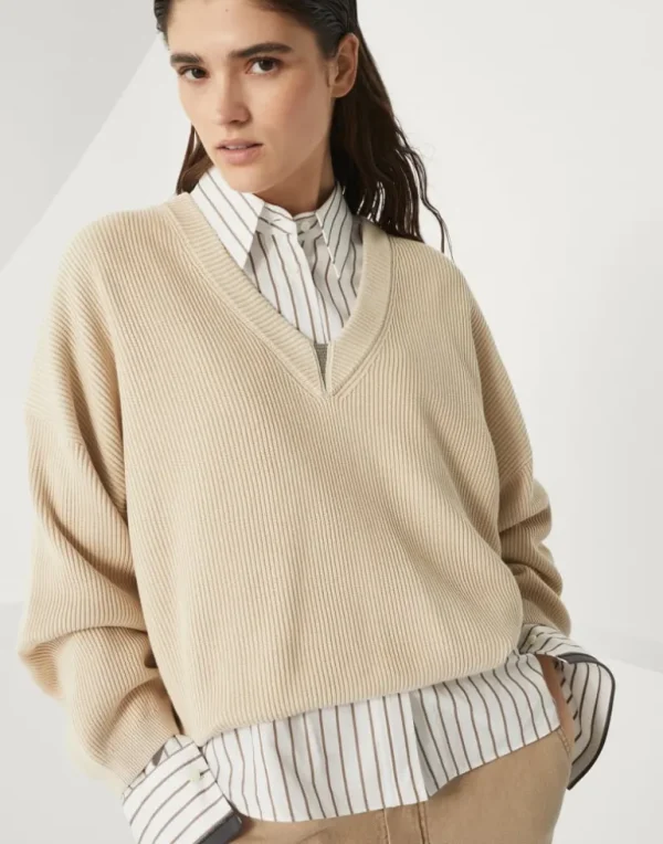 Cotton English rib sweater with shiny detail