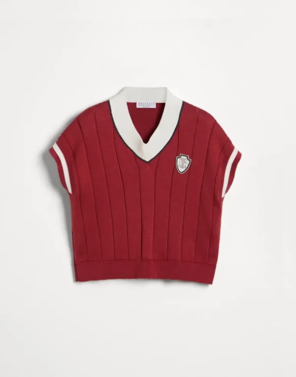 Cotton flat rib knit T-shirt with logo and monili