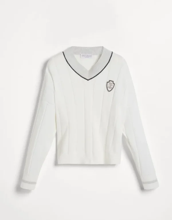 Cotton flat rib sweater with logo and monili