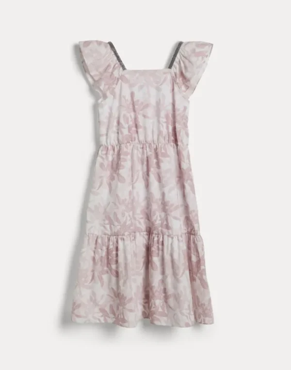 Cotton flower print poplin dress with monili