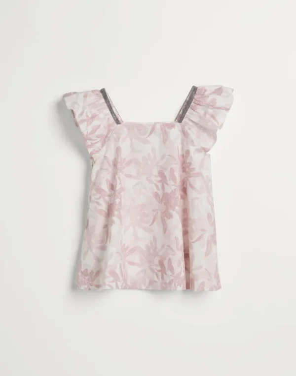 Cotton flower print poplin top with monili