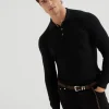 Cotton honeycomb stitch knit polo with long sleeves