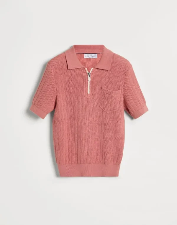 Cotton honeycomb stitch knit polo shirt with half zip