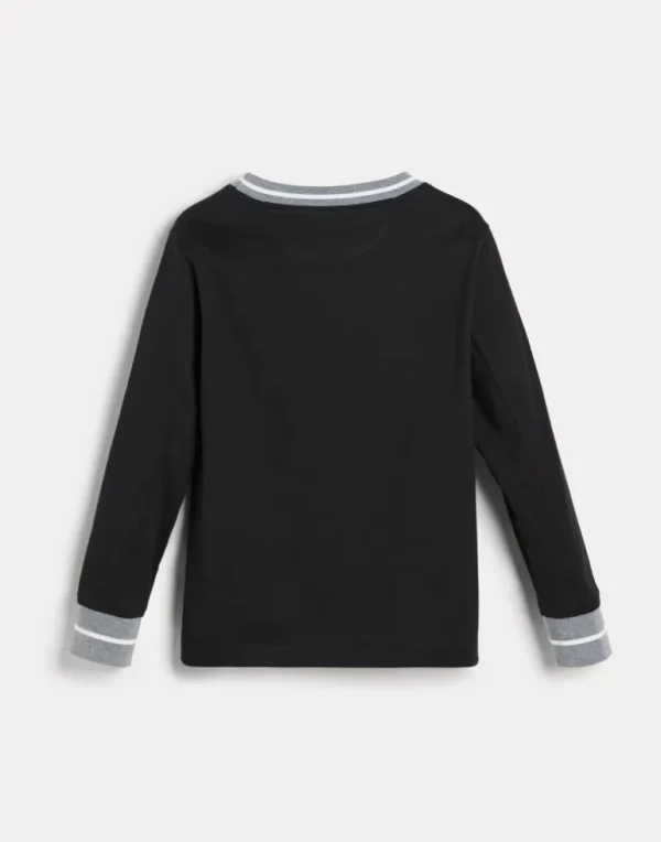 Cotton jersey long sleeve T-shirt with print and contrast knit inserts