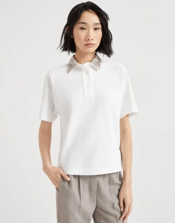 Cotton jersey polo shirt with dazzling net embroidery collar