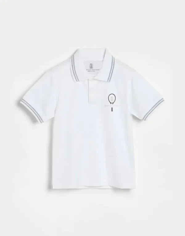 Cotton jersey polo with striped collar and tennis logo