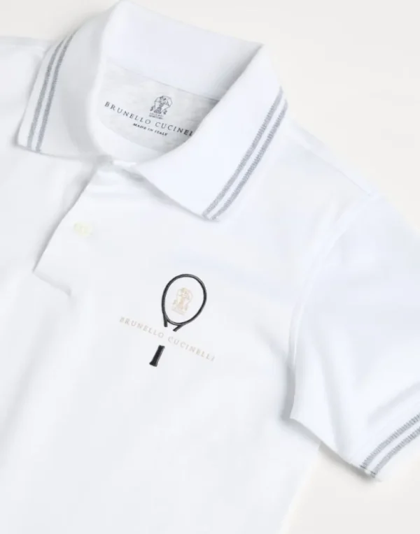 Cotton jersey polo with striped collar and tennis logo