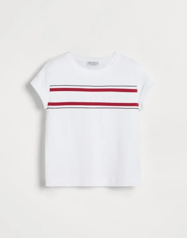 Cotton jersey T-shirt with contrast stripes and monili