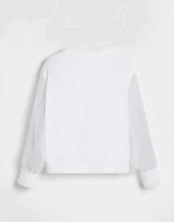 Cotton jersey T-shirt with crispy silk sleeves and monili