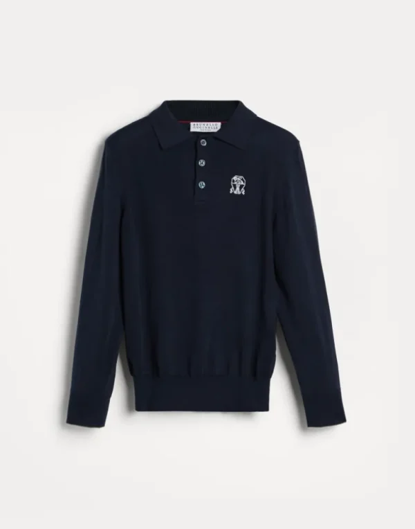 Cotton knit long sleeve polo shirt with logo