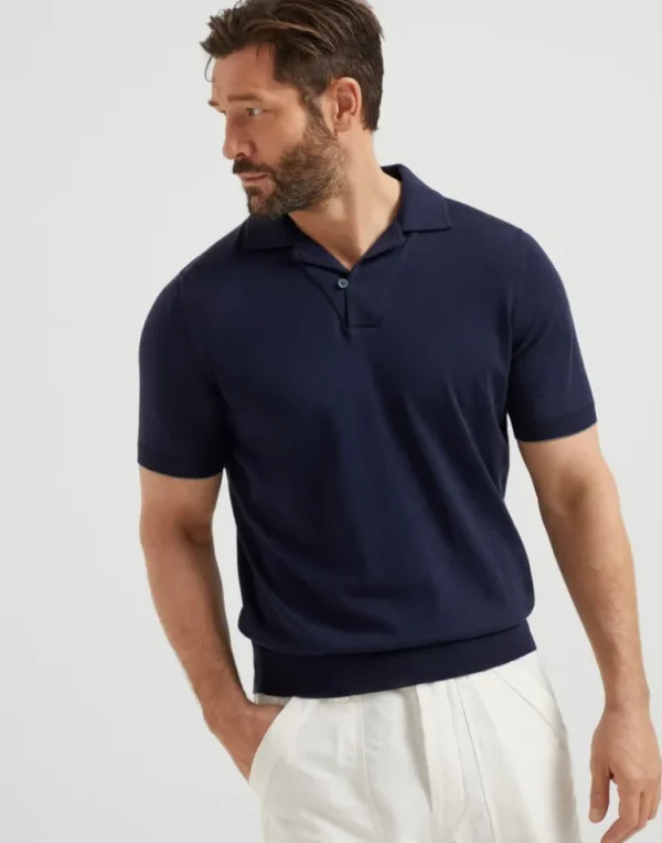 Cotton lightweight knit polo with camp collar