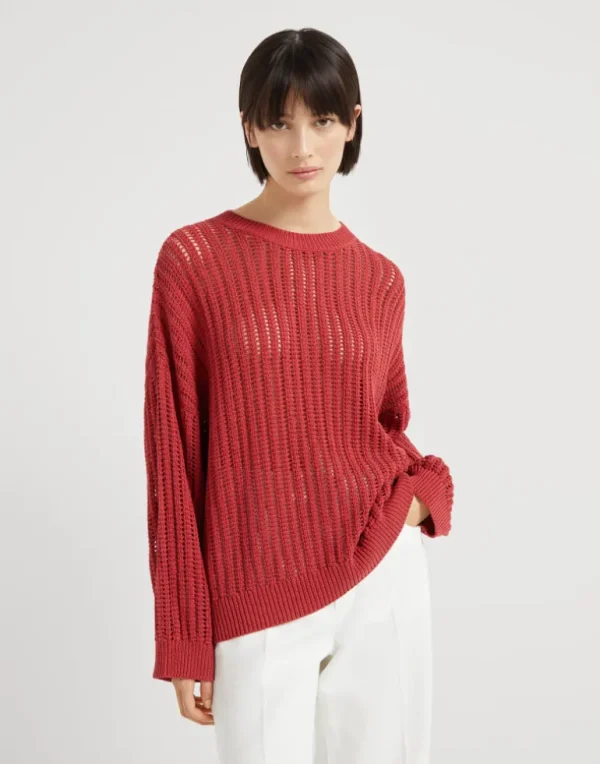 Cotton openwork rib sweater with monili