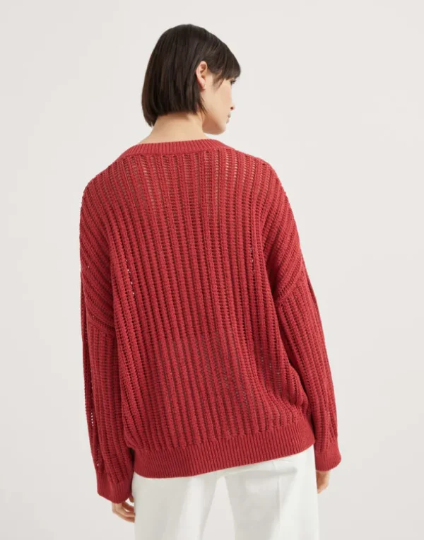 Cotton openwork rib sweater with monili