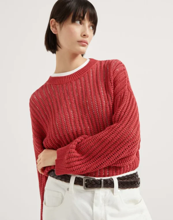 Cotton openwork rib sweater with monili