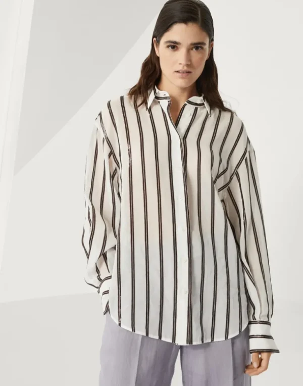 Cotton organza shirt with dazzling stripe embroidery