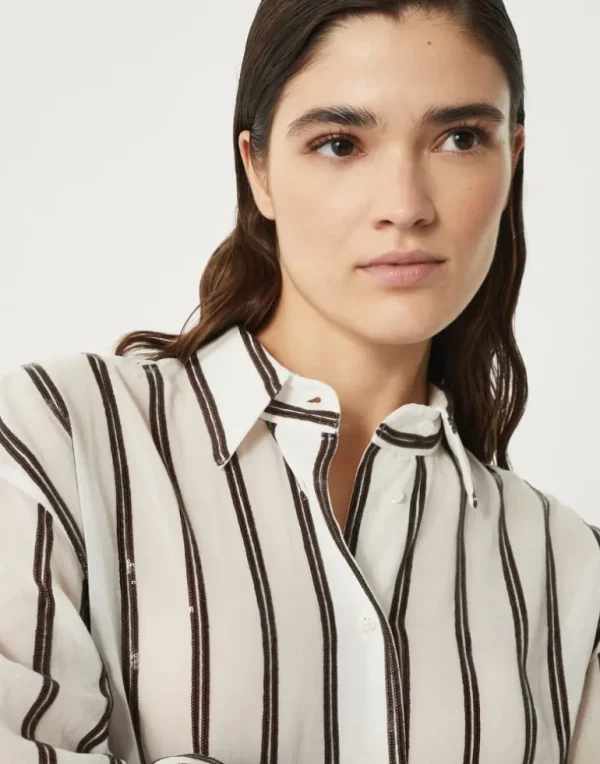 Cotton organza shirt with dazzling stripe embroidery