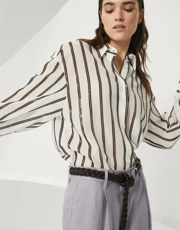 Cotton organza shirt with dazzling stripe embroidery