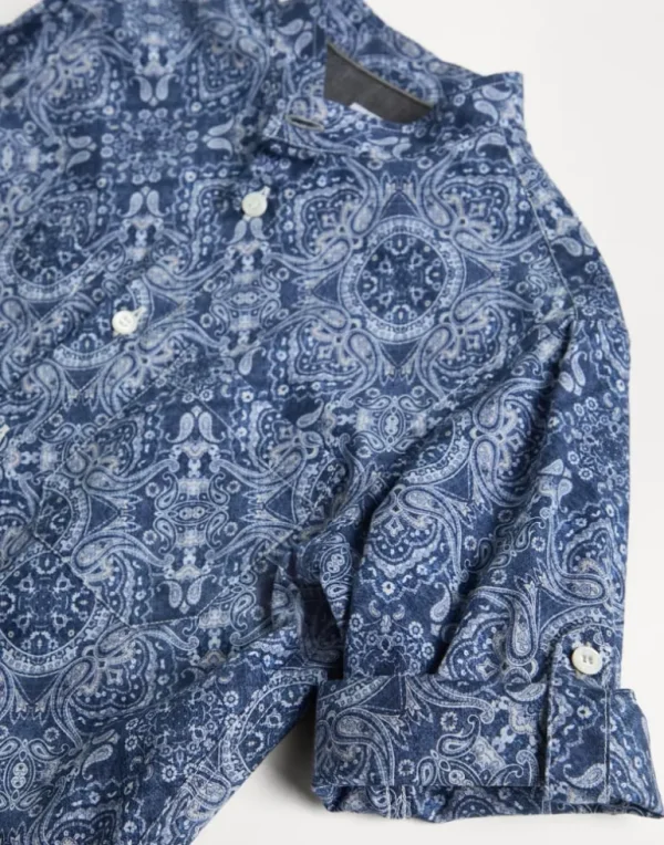 Cotton paisley twill shirt with Mandarin collar