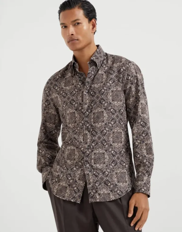 Cotton paisley twill slim fit shirt with button-down collar