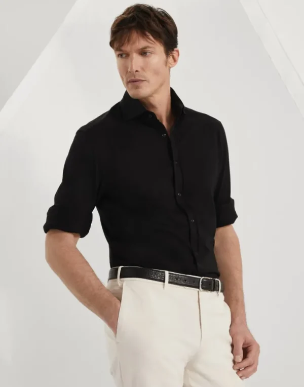 Cotton piqué basic fit shirt with spread collar