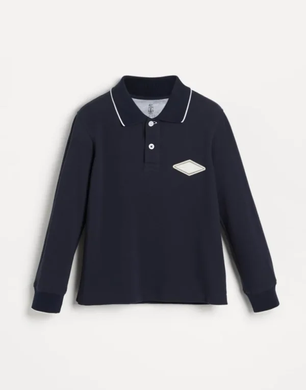 Cotton piqué long sleeve polo shirt with patch