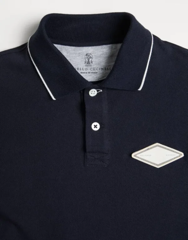 Cotton piqué long sleeve polo shirt with patch