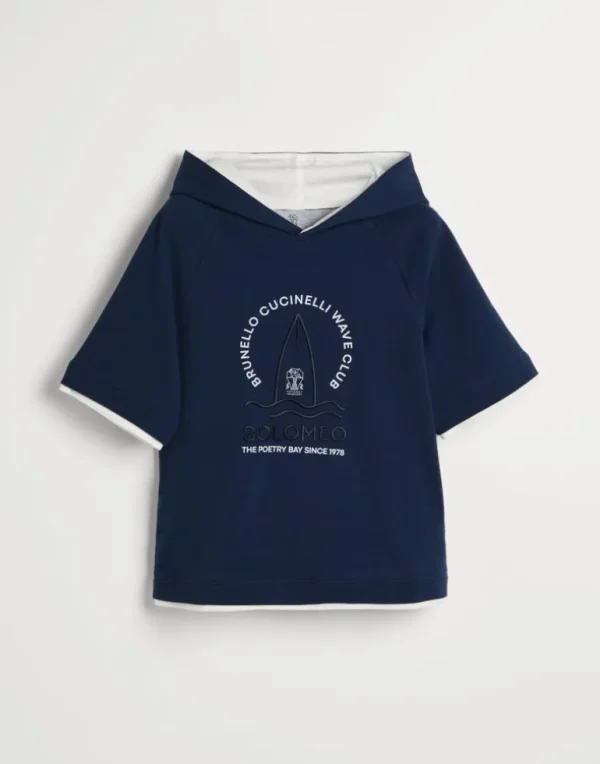 Cotton piqué short sleeve sweatshirt with hood, print and embroidery