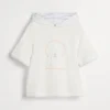 Cotton piqué short sleeve sweatshirt with hood, print and embroidery