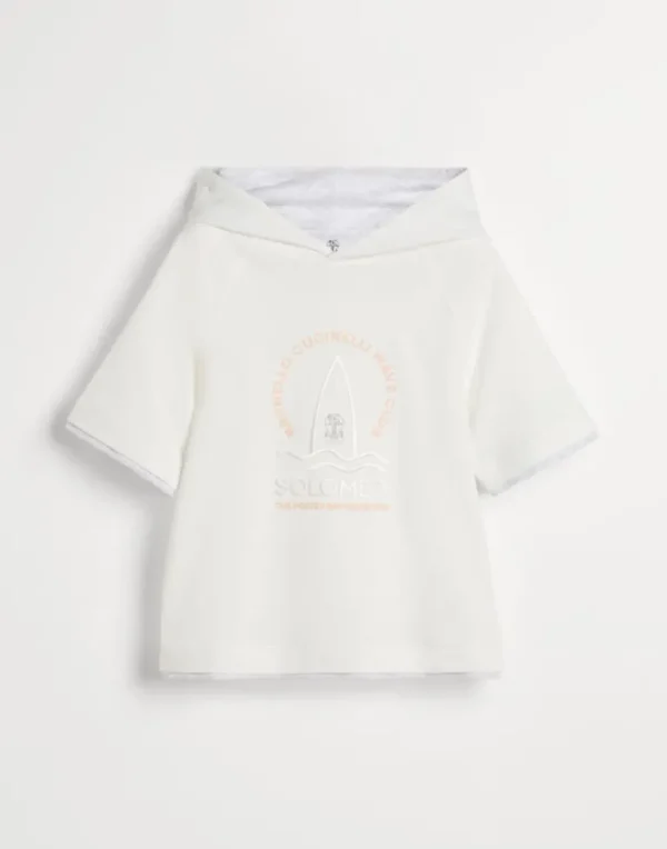 Cotton piqué short sleeve sweatshirt with hood, print and embroidery