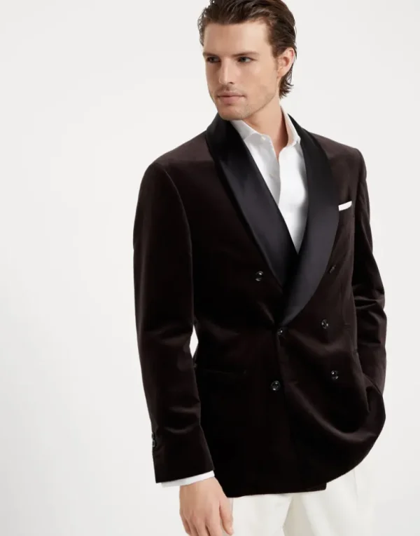 Cotton Prince of Wales velvet one-and-a-half breasted tuxedo jacket with shawl lapels