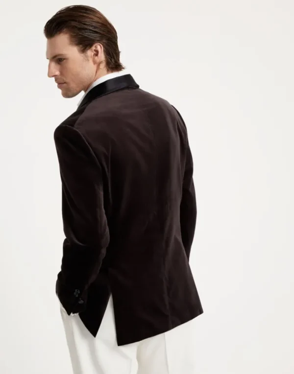 Cotton Prince of Wales velvet one-and-a-half breasted tuxedo jacket with shawl lapels